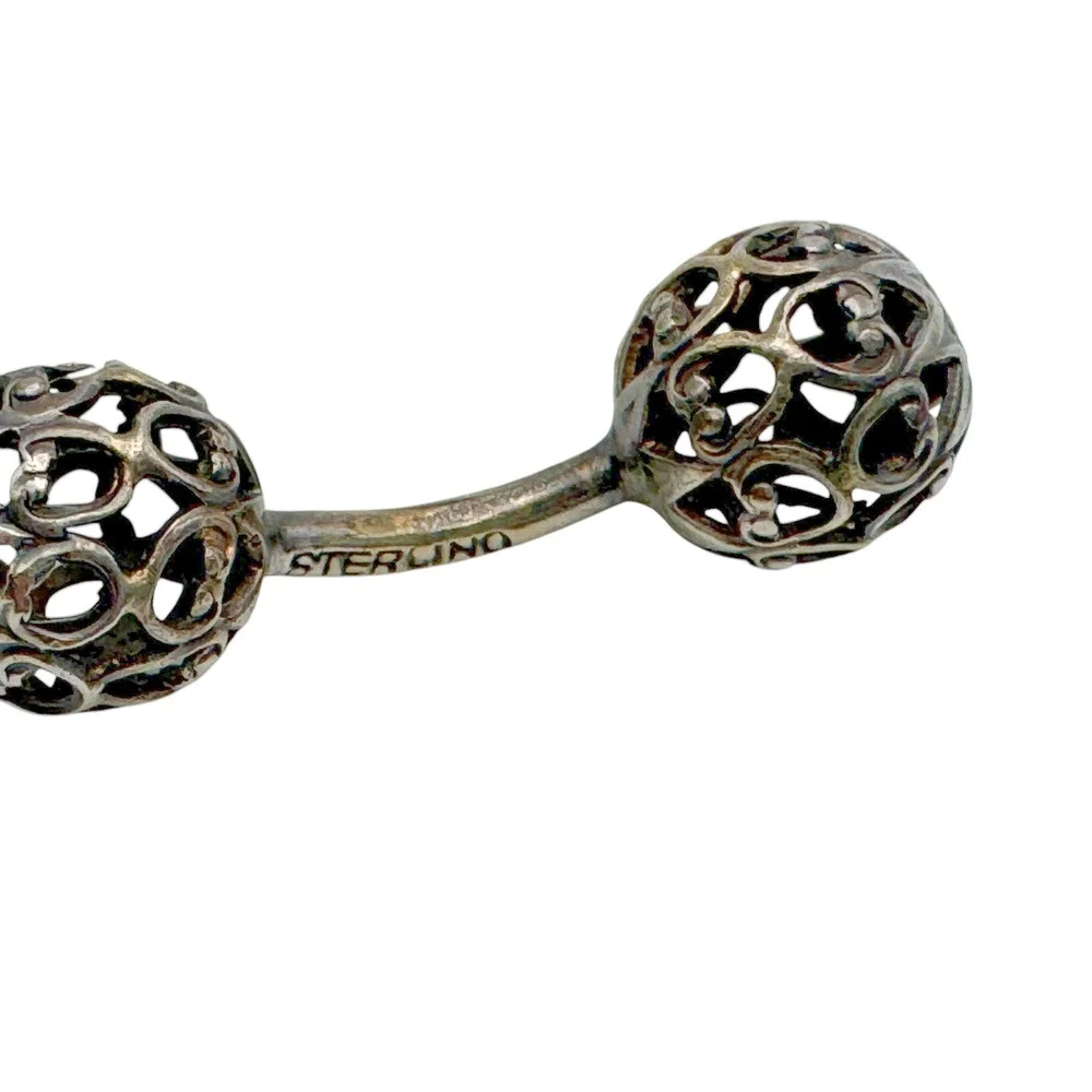 Vintage Art Deco Sterling Silver Filigree Sphere Cufflinks Dumbbell Bar Link